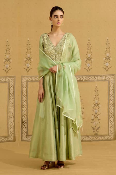 Buy Shyam Narayan Prasad Green Brocade, Silk, Organza Embroidery, Stones, Zardozi Anarkali Pant Set Online at Aza Fashions Buy_Shyam Narayan Prasad_Green Brocade, Silk, Organza Embroidery, Stones, Zardozi Anarkali Pant Set _Online_at_Aza_Fashions