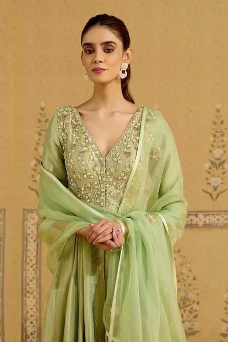 Shop Shyam Narayan Prasad Green Brocade, Silk, Organza Embroidery, Stones, Zardozi Anarkali Pant Set Online at Aza Fashions Shop_Shyam Narayan Prasad_Green Brocade, Silk, Organza Embroidery, Stones, Zardozi Anarkali Pant Set _Online_at_Aza_Fashions