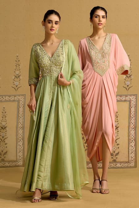 Shyam Narayan Prasad Green Brocade, Silk, Organza Embroidery, Stones, Zardozi Anarkali Pant Set at Aza Fashions Shyam Narayan Prasad_Green Brocade, Silk, Organza Embroidery, Stones, Zardozi Anarkali Pant Set _at_Aza_Fashions
