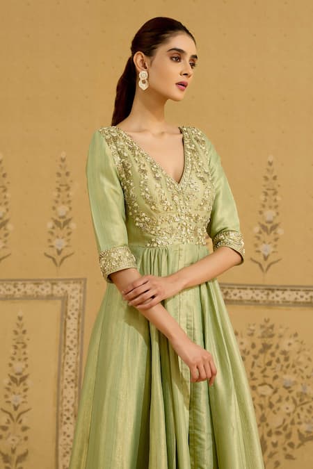 Buy Shyam Narayan Prasad Green Brocade, Silk, Organza Embroidery, Stones, Zardozi Anarkali Pant Set Buy_Shyam Narayan Prasad_Green Brocade, Silk, Organza Embroidery, Stones, Zardozi Anarkali Pant Set