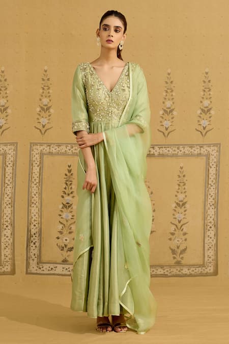 Shop Shyam Narayan Prasad Green Brocade, Silk, Organza Embroidery, Stones, Zardozi Anarkali Pant Set Shop_Shyam Narayan Prasad_Green Brocade, Silk, Organza Embroidery, Stones, Zardozi Anarkali Pant Set
