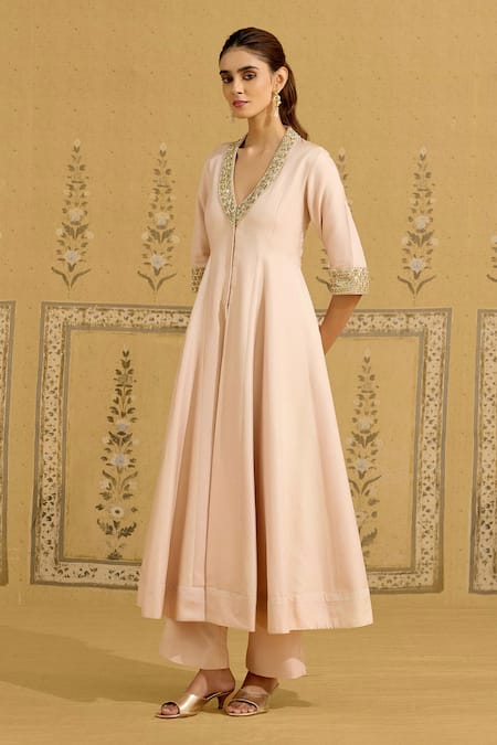 Shyam Narayan Prasad_Pink Silk, Brocade, Organza Embroidery, Beads V-neck Zardozi Kurta And Pant Set _Online_at_Aza_Fashions