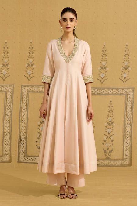 Buy_Shyam Narayan Prasad_Pink Silk, Brocade, Organza Embroidery, Beads V-neck Zardozi Kurta And Pant Set _Online_at_Aza_Fashions