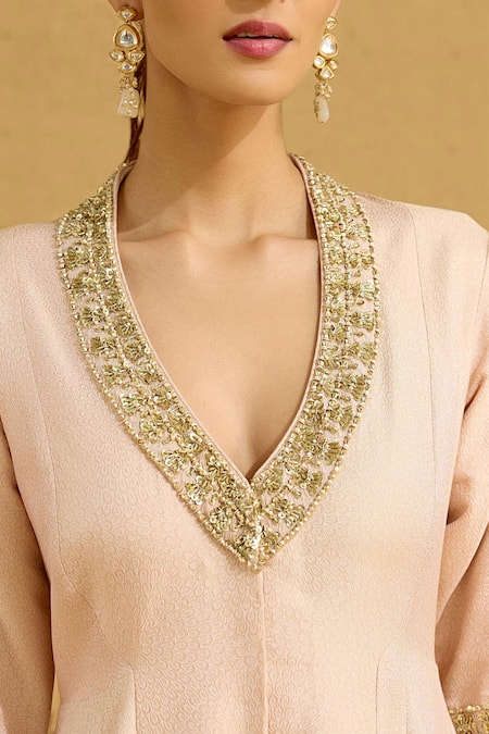 Shop_Shyam Narayan Prasad_Pink Silk, Brocade, Organza Embroidery, Beads V-neck Zardozi Kurta And Pant Set _Online_at_Aza_Fashions