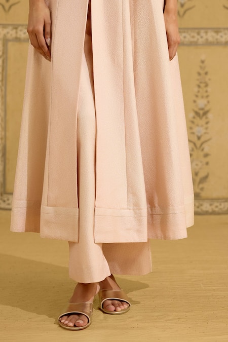 Shyam Narayan Prasad_Pink Silk, Brocade, Organza Embroidery, Beads V-neck Zardozi Kurta And Pant Set _at_Aza_Fashions