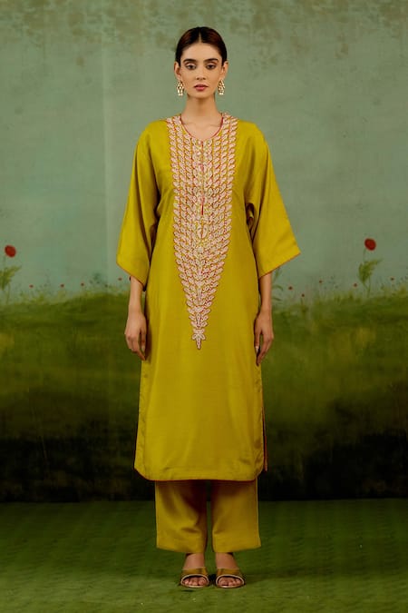 Buy Shyam Narayan Prasad Olive Green Silk Embroidery, Zari Round Neck Zardozi Kurta And Pant Set Online at Aza Fashions Buy_Shyam Narayan Prasad_Olive Green Silk Embroidery, Zari Round Neck Zardozi Kurta And Pant Set _Online_at_Aza_Fashions