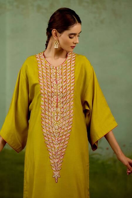 Shop Shyam Narayan Prasad Olive Green Silk Embroidery, Zari Round Neck Zardozi Kurta And Pant Set Online at Aza Fashions Shop_Shyam Narayan Prasad_Olive Green Silk Embroidery, Zari Round Neck Zardozi Kurta And Pant Set _Online_at_Aza_Fashions