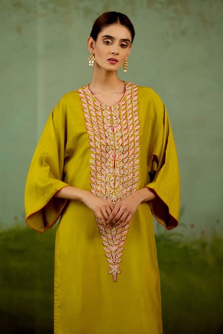 Shyam Narayan Prasad Olive Green Silk Embroidery, Zari Round Neck Zardozi Kurta And Pant Set at Aza Fashions Shyam Narayan Prasad_Olive Green Silk Embroidery, Zari Round Neck Zardozi Kurta And Pant Set _at_Aza_Fashions