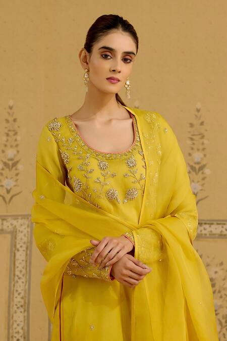 Shyam Narayan Prasad Yellow Silk Organza Embroidery, Sequins, Beads, Zari Zardozi Kurta Pant Set Online at Aza Fashions Shyam Narayan Prasad_Yellow Silk Organza Embroidery, Sequins, Beads, Zari Zardozi Kurta Pant Set _Online_at_Aza_Fashions