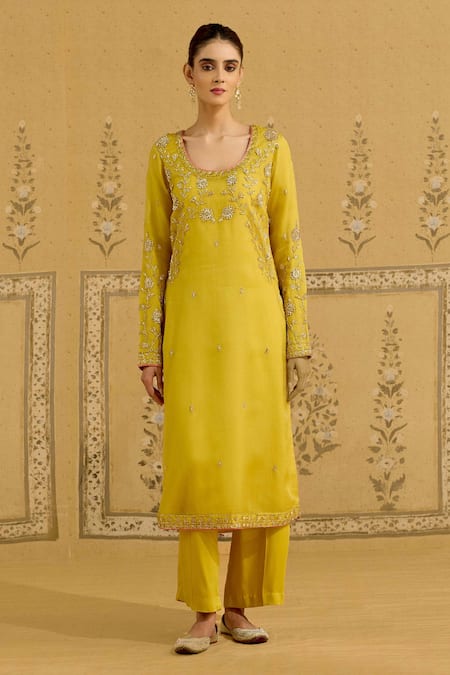 Shop Shyam Narayan Prasad Yellow Silk Organza Embroidery, Sequins, Beads, Zari Zardozi Kurta Pant Set Online at Aza Fashions Shop_Shyam Narayan Prasad_Yellow Silk Organza Embroidery, Sequins, Beads, Zari Zardozi Kurta Pant Set _Online_at_Aza_Fashions