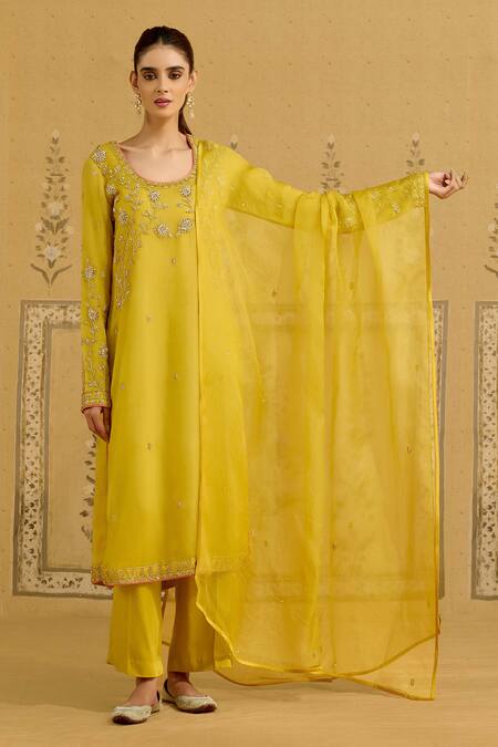 Shop Shyam Narayan Prasad Yellow Silk Organza Embroidery, Sequins, Beads, Zari Zardozi Kurta Pant Set Shop_Shyam Narayan Prasad_Yellow Silk Organza Embroidery, Sequins, Beads, Zari Zardozi Kurta Pant Set