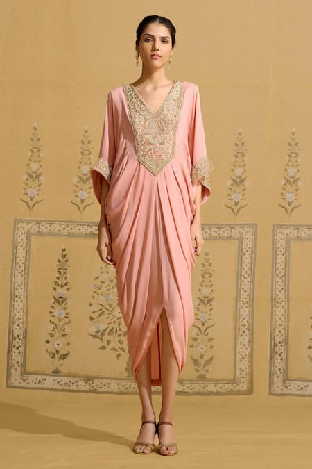 Buy Shyam Narayan Prasad Pink Georgette Embroidery, Zari V-neck Zardozi Kaftan Online at Aza Fashions Buy_Shyam Narayan Prasad_Pink Georgette Embroidery, Zari V-neck Zardozi Kaftan _Online_at_Aza_Fashions