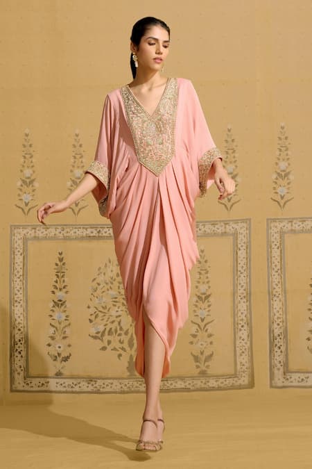 Shop Shyam Narayan Prasad Pink Georgette Embroidery, Zari V-neck Zardozi Kaftan Online at Aza Fashions Shop_Shyam Narayan Prasad_Pink Georgette Embroidery, Zari V-neck Zardozi Kaftan _Online_at_Aza_Fashions