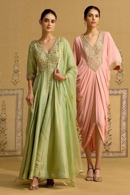 Shop Shyam Narayan Prasad Pink Georgette Embroidery, Zari V-neck Zardozi Kaftan Shop_Shyam Narayan Prasad_Pink Georgette Embroidery, Zari V-neck Zardozi Kaftan