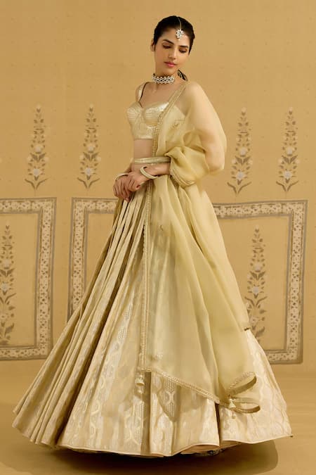 Shyam Narayan Prasad_Gold Brocade, Organza Embroidery, Gota Patti, Tassels Sweetheart Lehenga Set _Online_at_Aza_Fashions