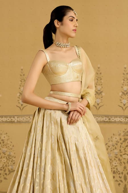 Shop_Shyam Narayan Prasad_Gold Brocade, Organza Embroidery, Gota Patti, Tassels Sweetheart Lehenga Set _Online_at_Aza_Fashions