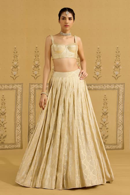 Buy_Shyam Narayan Prasad_Gold Brocade, Organza Embroidery, Gota Patti, Tassels Sweetheart Lehenga Set 
