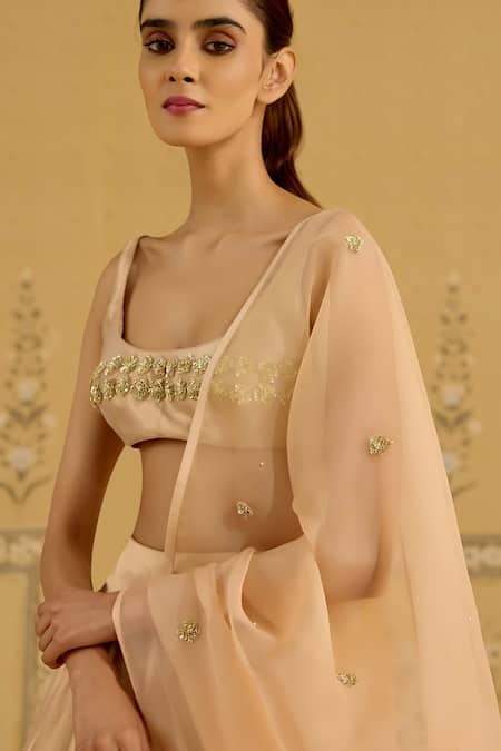 Shyam Narayan Prasad_Gold Brocade, Tissue, Organza Embroidery, Zari Square Neck Zardozi Lehenga Set _Online_at_Aza_Fashions