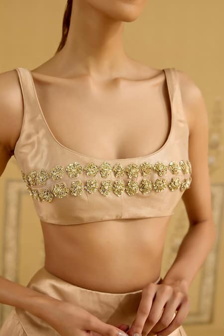 Shop_Shyam Narayan Prasad_Gold Brocade, Tissue, Organza Embroidery, Zari Square Neck Zardozi Lehenga Set _Online_at_Aza_Fashions