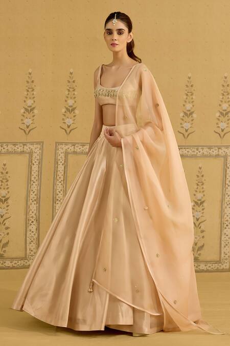 Shyam Narayan Prasad_Gold Brocade, Tissue, Organza Embroidery, Zari Square Neck Zardozi Lehenga Set _at_Aza_Fashions