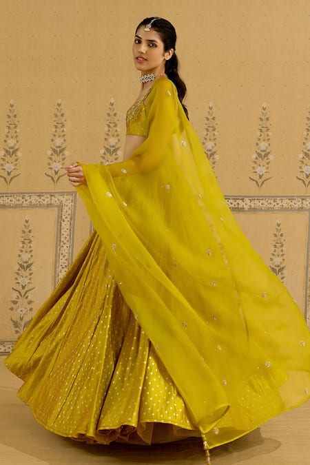 Shop_Shyam Narayan Prasad_Green Silk, Brocade, Organza Embroidery, Zari, Sequins Zardozi Lehenga Set _at_Aza_Fashions