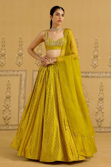 Shyam Narayan Prasad Green Silk, Brocade, Organza Embroidery, Zari, Sequins Zardozi Lehenga Set 