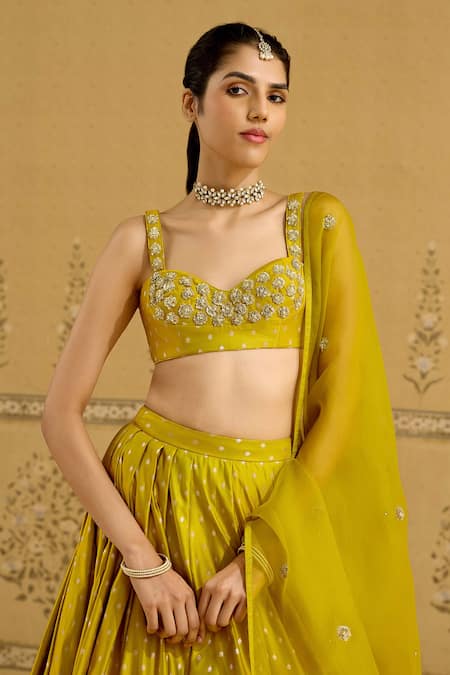 Shyam Narayan Prasad_Green Silk, Brocade, Organza Embroidery, Zari, Sequins Zardozi Lehenga Set _Online_at_Aza_Fashions