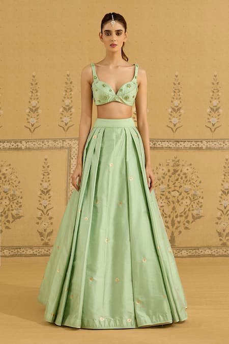 Shop_Shyam Narayan Prasad_Green Silk, Brocade, Organza Embroidery, Zari Sweetheart Zardozi Lehenga Set _Online_at_Aza_Fashions