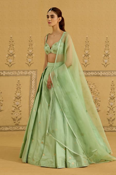 Shyam Narayan Prasad_Green Silk, Brocade, Organza Embroidery, Zari Sweetheart Zardozi Lehenga Set _at_Aza_Fashions