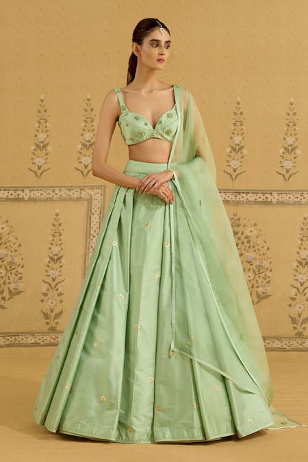 Buy_Shyam Narayan Prasad_Green Silk, Brocade, Organza Embroidery, Zari Sweetheart Zardozi Lehenga Set 