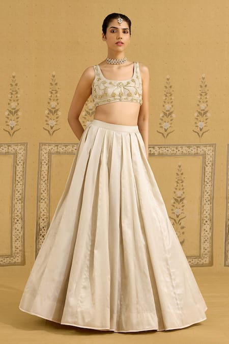 Shop_Shyam Narayan Prasad_Silver Brocade, Silk, Organza Embroidery, Zari, Beads Zardozi Lehenga Set _Online_at_Aza_Fashions