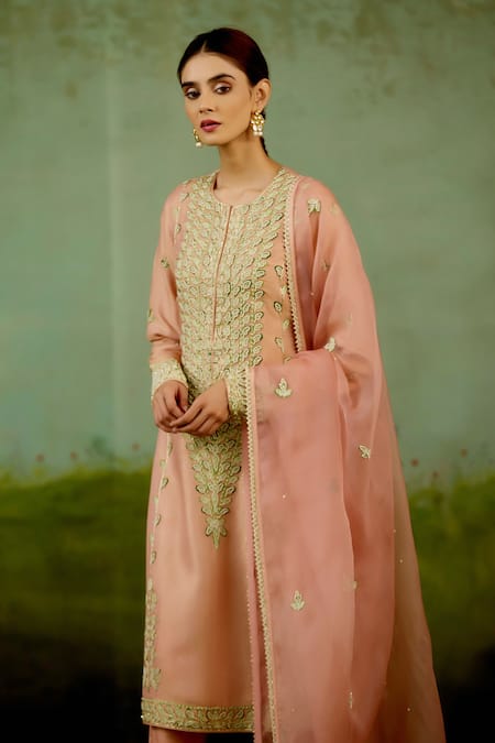 Shop_Shyam Narayan Prasad_Pink Silk, Brocade, Organza Embroidery, Zari Round Zardozi Banarasi Kurta Set _Online_at_Aza_Fashions
