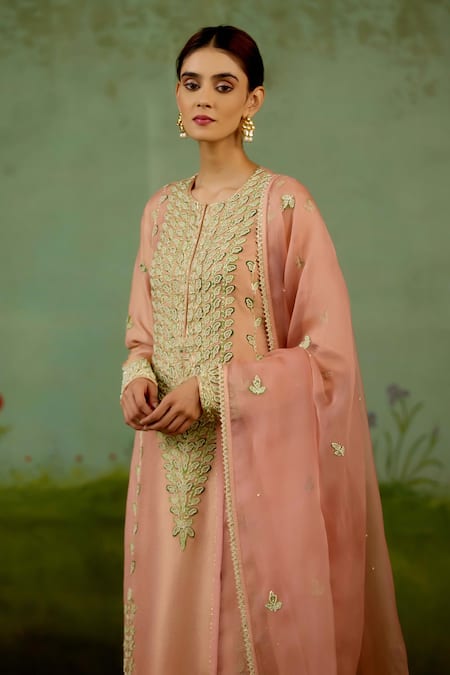 Shyam Narayan Prasad_Pink Silk, Brocade, Organza Embroidery, Zari Round Zardozi Banarasi Kurta Set _at_Aza_Fashions