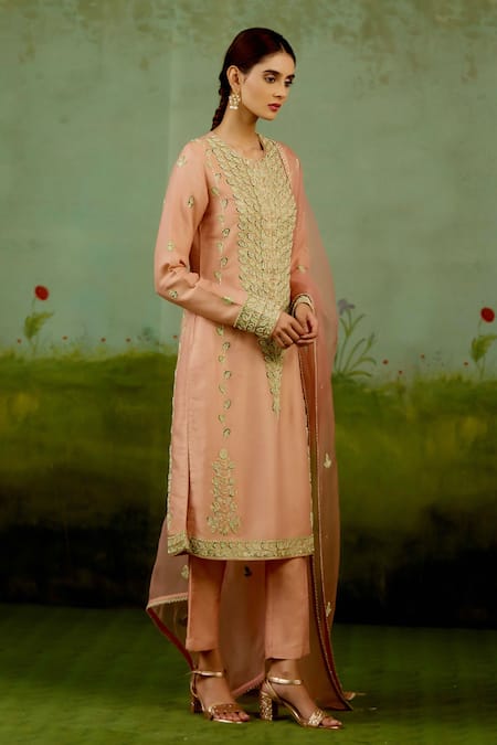 Shop_Shyam Narayan Prasad_Pink Silk, Brocade, Organza Embroidery, Zari Round Zardozi Banarasi Kurta Set 