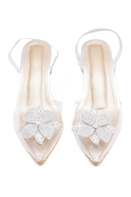 Shop_Sole House_White Rhinestones, Fabric Flowers Crystal Embellished Bloom Heels _Online_at_Aza_Fashions