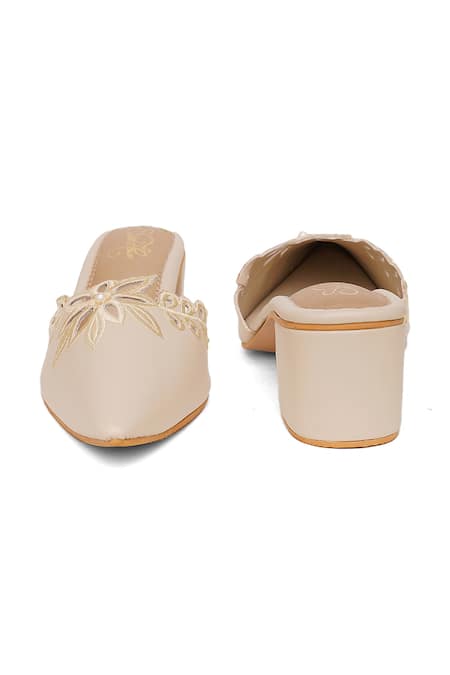Shop_Sole House_Cream Embroidery, Pearls Laura Leather Block Heels _Online_at_Aza_Fashions