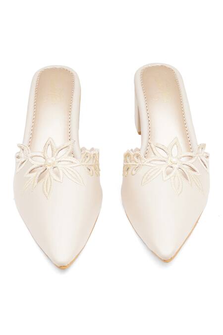 Sole House_Cream Embroidery, Pearls Laura Leather Block Heels _at_Aza_Fashions