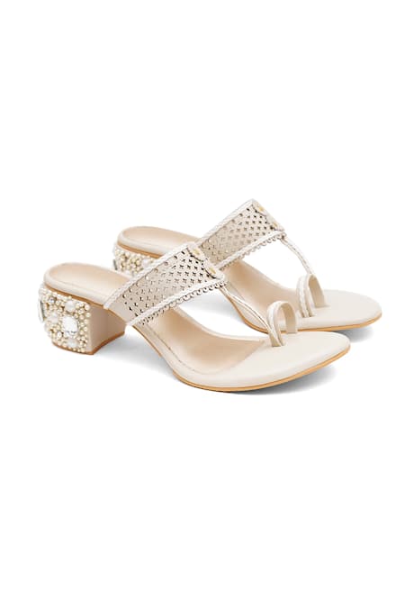 Sole House_Cream Pearls, Rhinestones, Cut Work Stone Encrusted Block Heels _Online_at_Aza_Fashions