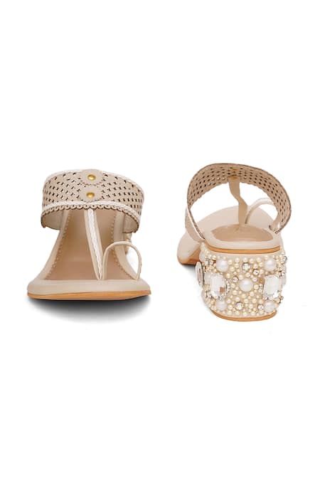 Buy_Sole House_Cream Pearls, Rhinestones, Cut Work Stone Encrusted Block Heels _Online_at_Aza_Fashions