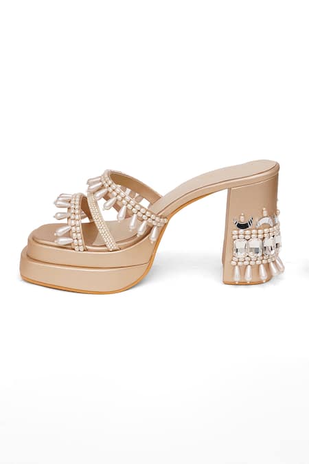 Buy_Sole House_Gold Embroidery, Pearls, Crystals, Beads Jasmine Embellished Block Heels _Online_at_Aza_Fashions