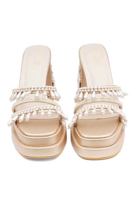 Sole House_Gold Embroidery, Pearls, Crystals, Beads Jasmine Embellished Block Heels _at_Aza_Fashions