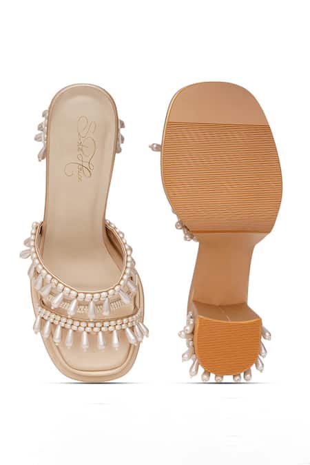 Buy_Sole House_Gold Embroidery, Pearls, Crystals, Beads Jasmine Embellished Block Heels 