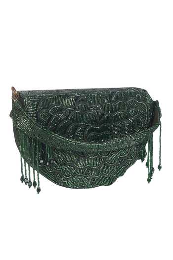Buy_Nazaakat By Samara Singh_Green Beads, Fringe Beaded Floral Motif Flap Bag With Detachable Handle _Online_at_Aza_Fashions