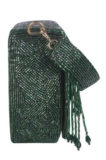 Shop_Nazaakat By Samara Singh_Green Beads, Fringe Beaded Floral Motif Flap Bag With Detachable Handle _Online_at_Aza_Fashions
