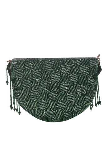 Nazaakat By Samara Singh_Green Beads, Fringe Beaded Floral Motif Flap Bag With Detachable Handle _at_Aza_Fashions