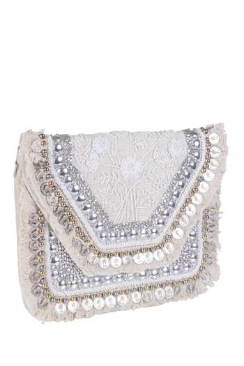 Buy_Nazaakat By Samara Singh_Silver Beads, Embroidery Embellished Boho Bag With Detachable Sling _Online_at_Aza_Fashions