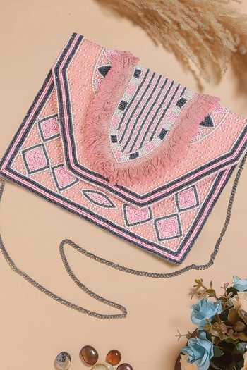 Buy Nazaakat By Samara Singh Pink Beads, Fringe Geometric Beaded Boho Bag With Sling at Aza Fashions Buy_Nazaakat By Samara Singh_Pink Beads, Fringe Geometric Beaded Boho Bag With Sling _at_Aza_Fashions