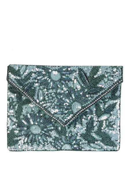 Shop_Nazaakat By Samara Singh_Green Sequins, Beads, Stones Floral And Embroidered Boho Bag _Online_at_Aza_Fashions