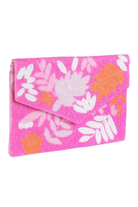 Shop_Nazaakat By Samara Singh_Pink Beads Floral Envelope Bag With Detachable Sling _Online_at_Aza_Fashions