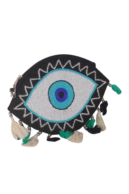 Nazaakat By Samara Singh_Black Beads, Tassels, Stones Evil Eye Beaded Embroidered Sling Bag _at_Aza_Fashions